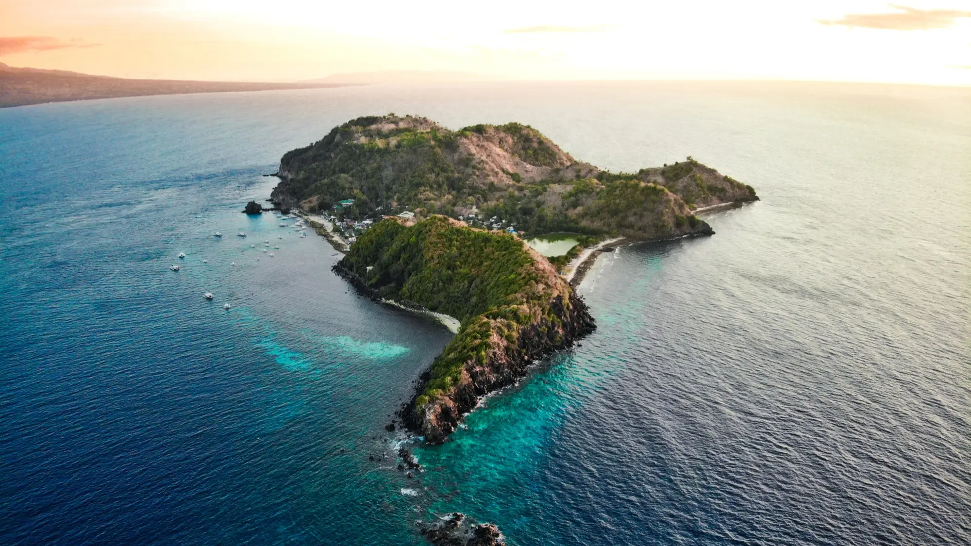 Apo Island, Philippinen Luftaufnahme einer tropischen Insel mit felsiger Küste und türkisfarbenem Wasser, Apo Island, Philippinen.