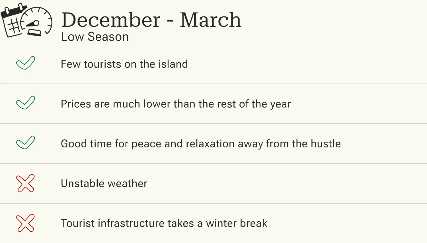 Advantages and disadvantages of traveling to Santorini in the low season.