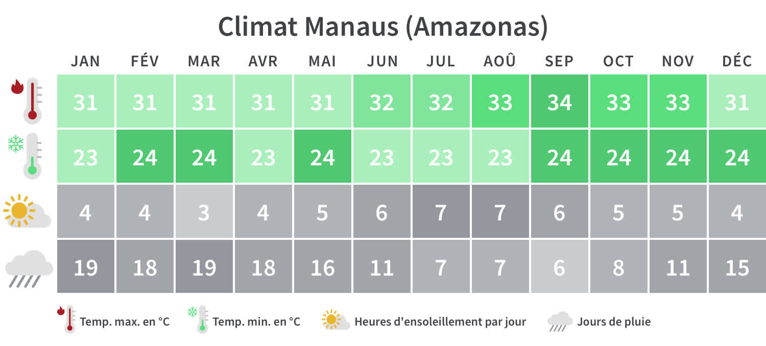 Aperçu des températures minimales et maximales, des jours de pluie et des heures d'ensoleillement à Manaus par mois civil.
