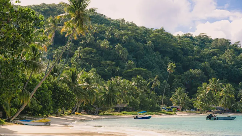 Plage tropicale de Matira avec sable blanc, eau turquoise, palmiers et petits bateaux près du rivage, Bora Bora, Polynésie Française.