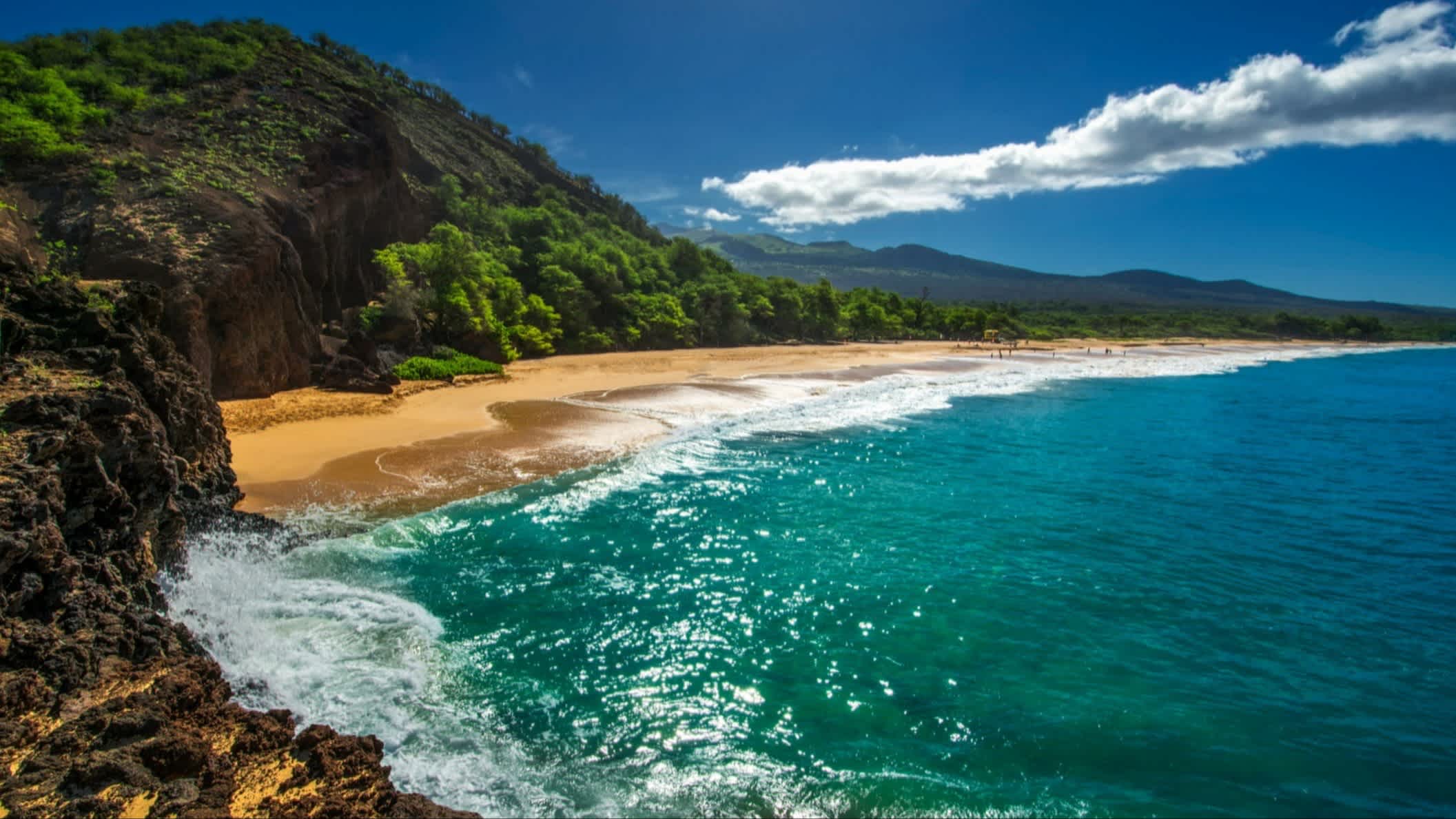 Der Strand Oneloa-Strand, Maui, Hawaii, USA bei klarem Himmel und mit Blick auf das Meer sowie die umliegende felsig-grüne Landschaft.