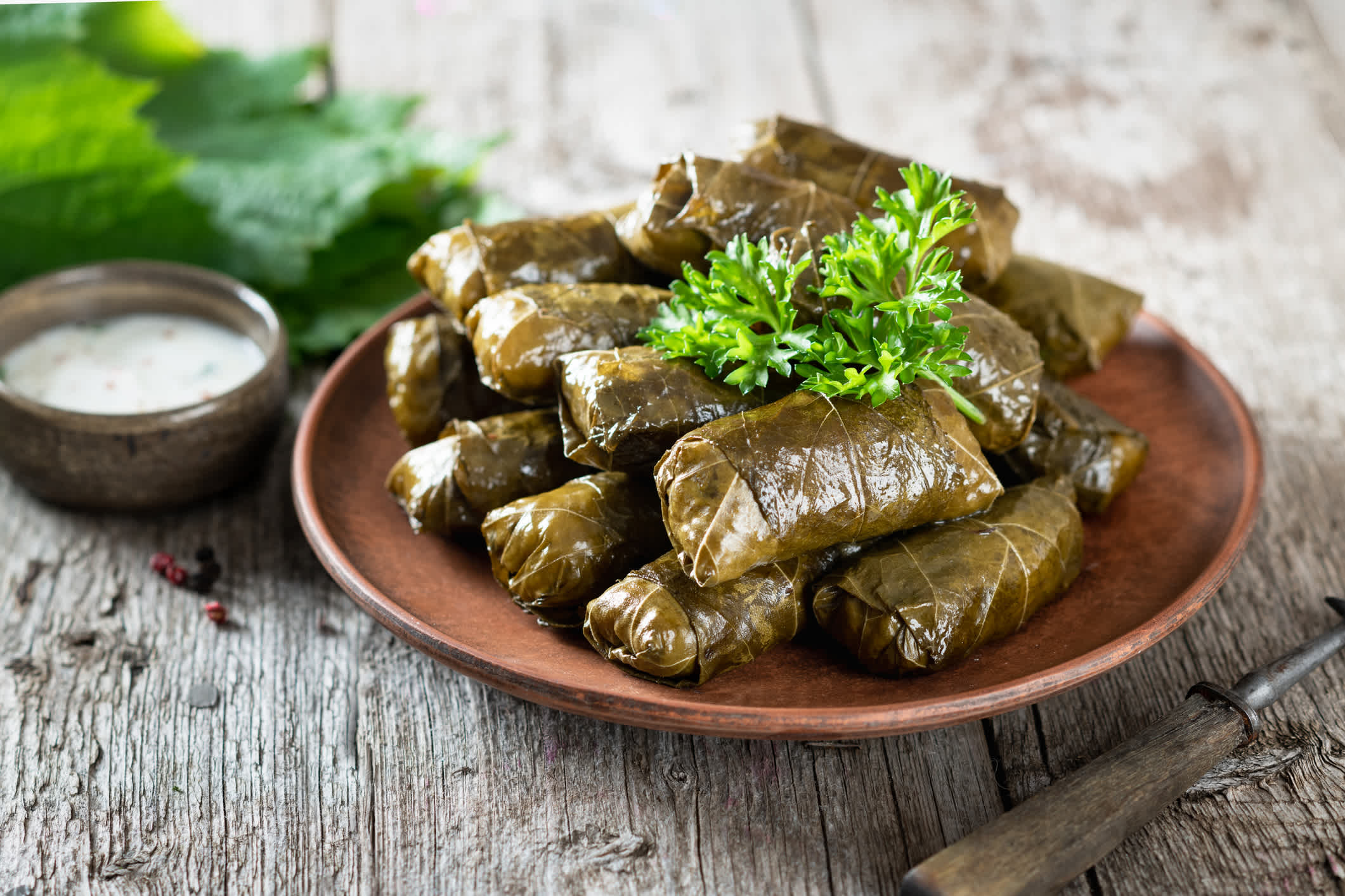 Dolma - gefüllte Weinblätter mit Reis und Fleisch. 