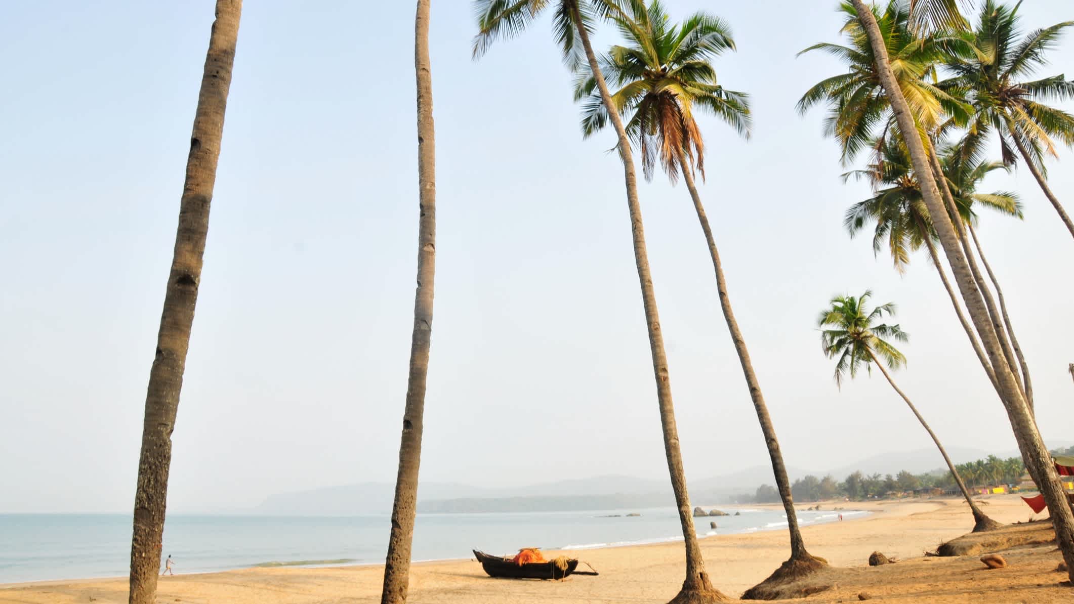 Palmen am Sandstrand Agonda Beach, Goa, Indien mit Aussicht auf das Meer sowie ein Boot am Strand.