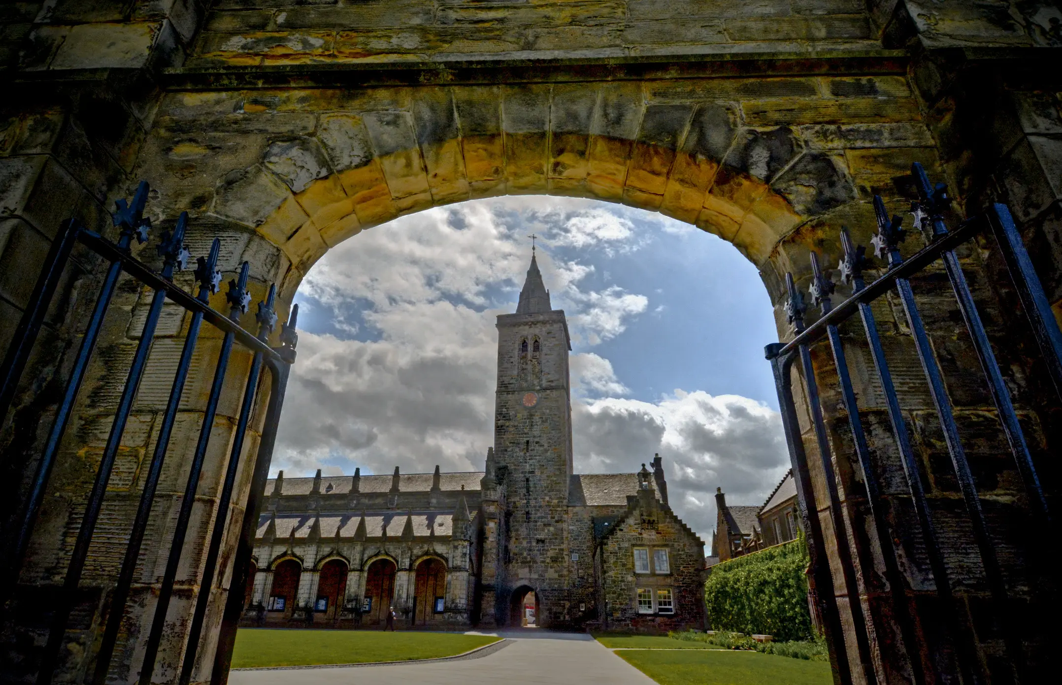Scotland, St. Andrews View through the gate of the University of St. Andrews, Scotland.