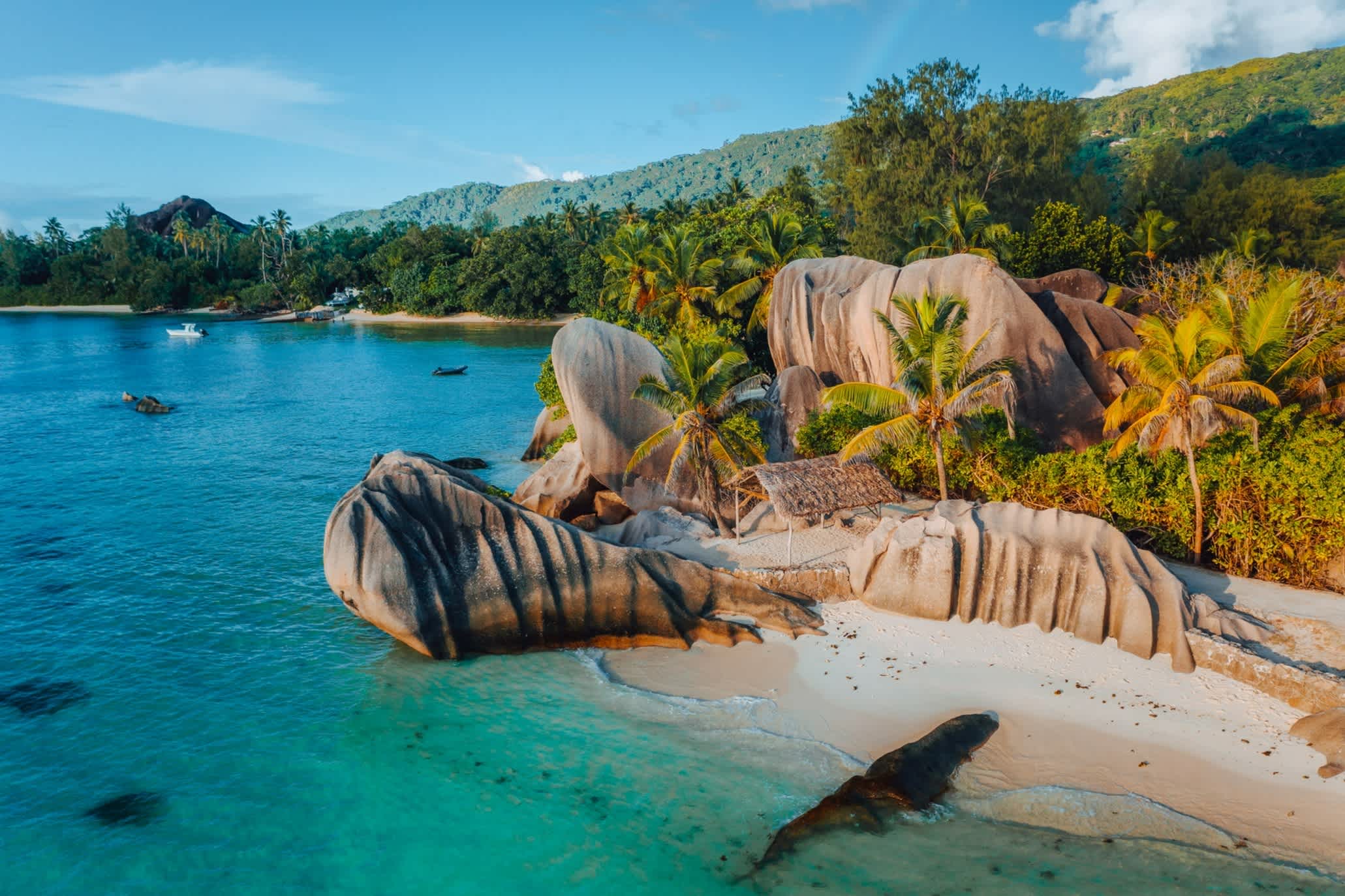 Plage de sable et rochers sur l'île de La Digue avec une forêt luxuriante en arrière-plan.