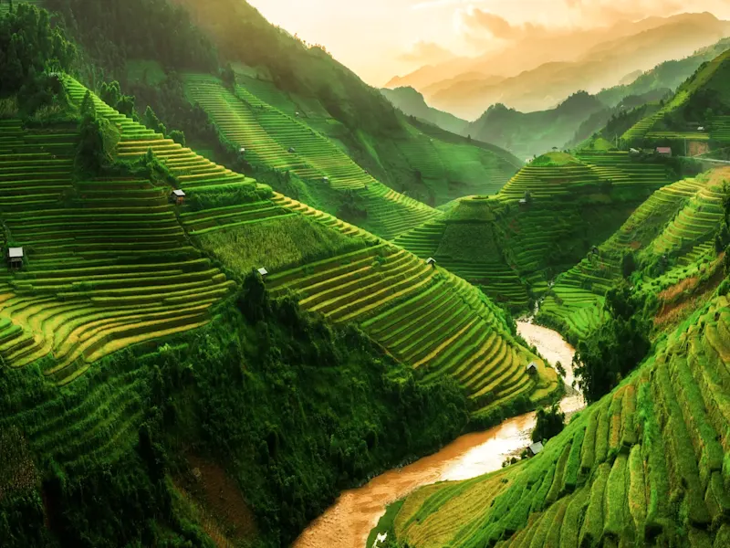 Vietnam, Yên Bái, Mù Cang Chải Rizières avec rivière dans collines, Mù Cang Chải, Yên Bái, Vietnam.
