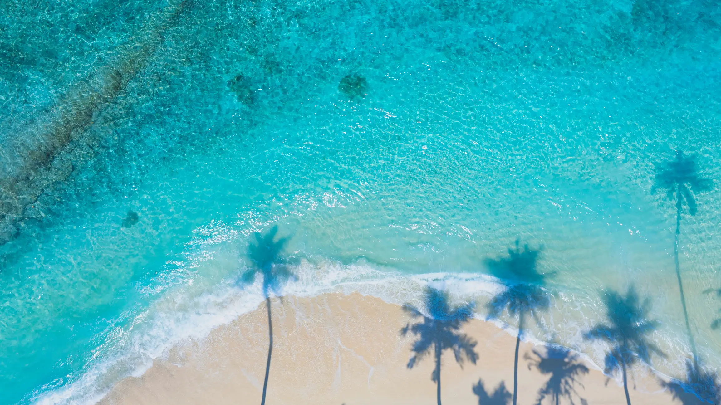 Malediven, Strand Luftaufnahme von einem Strand mit türkisfarbenem Wasser und Schatten von Palmen.