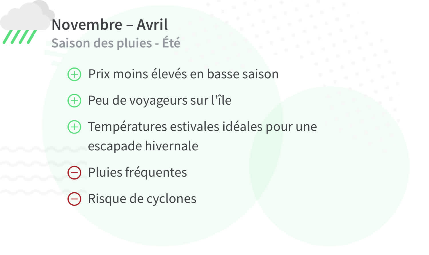 Avantages et inconvénients d'un voyage à l'île Maurice pendant la saison des pluies (novembre - avril).