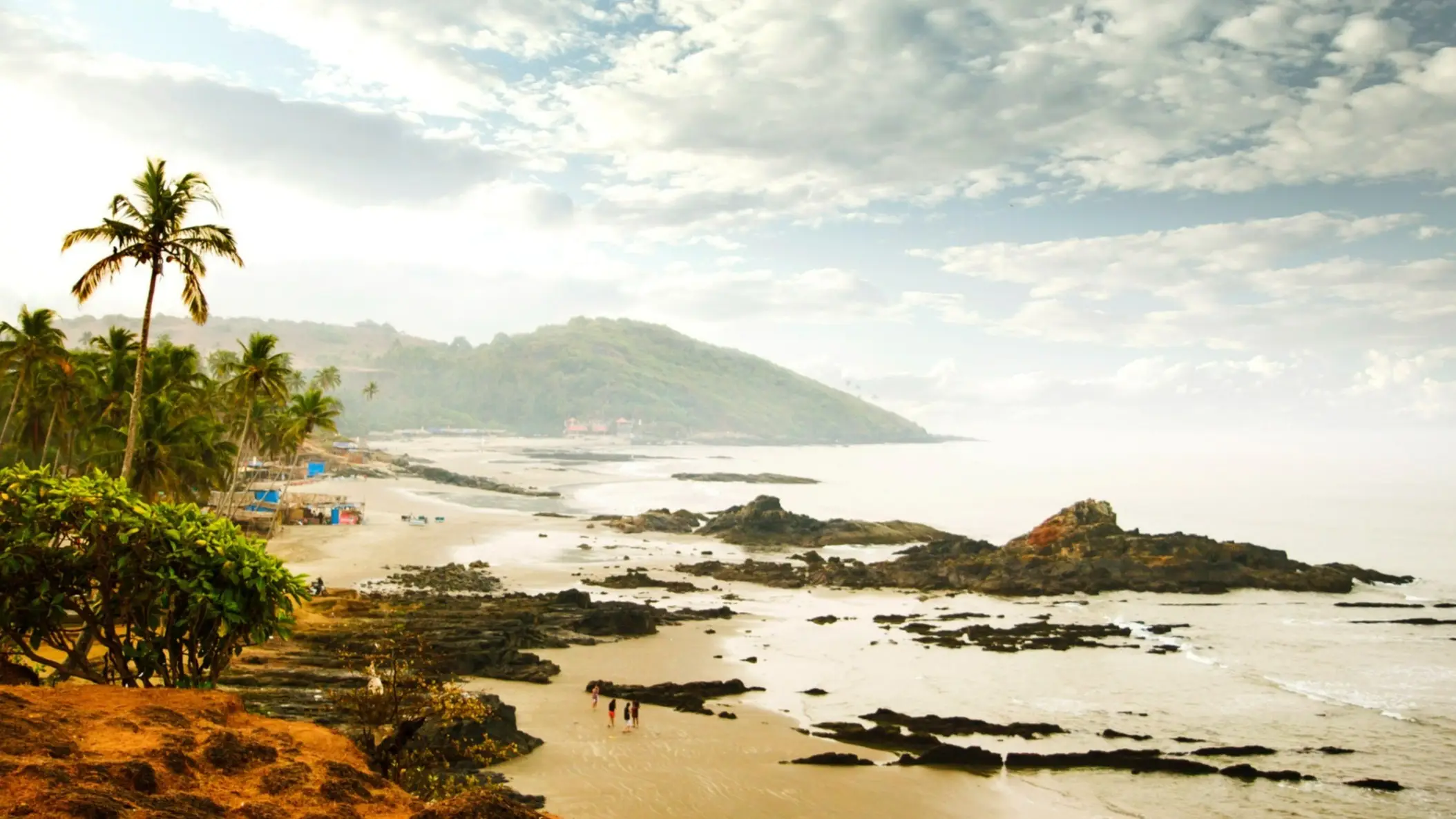 Arambol Beach, Goa, Indien Palmen am Sandstrand Arambol Beach, Goa, Indien mit Palmen und Felsen sowie Aussicht auf ein Gebirge.