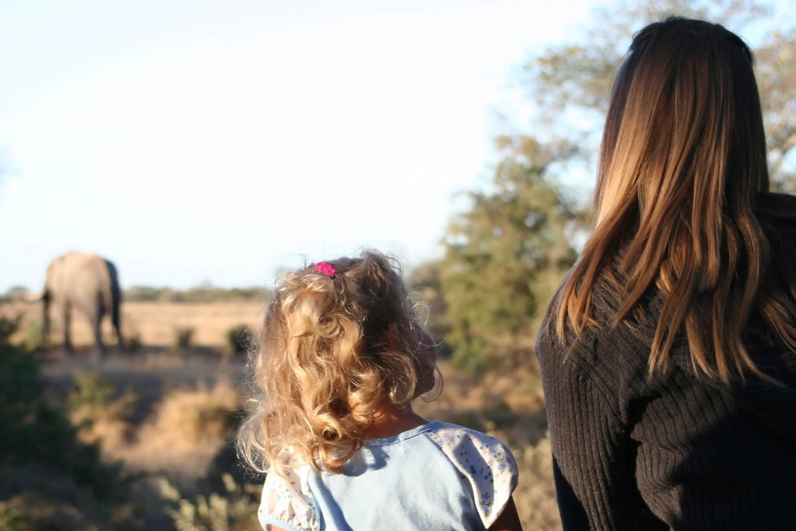 Voyage en famille, Afrique du Sud Afrique du Sud, voyage en famille, petite fille et sa maman en train d'observer des éléphants