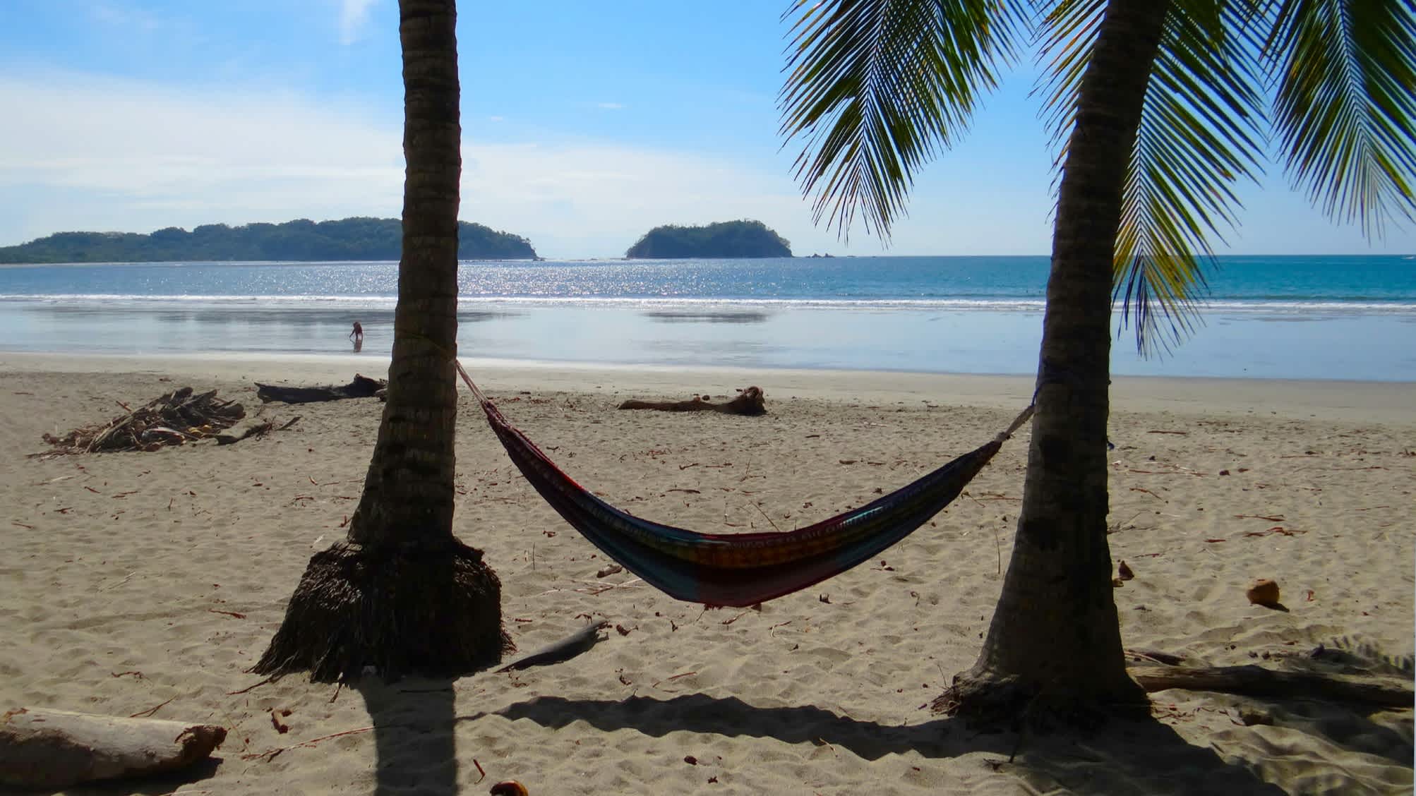 Eine Hängematte aufgespannt zwischen zwei Palmen am Strand von Sámara in Costa Rica mit Blick auf das blaue Meer. 
