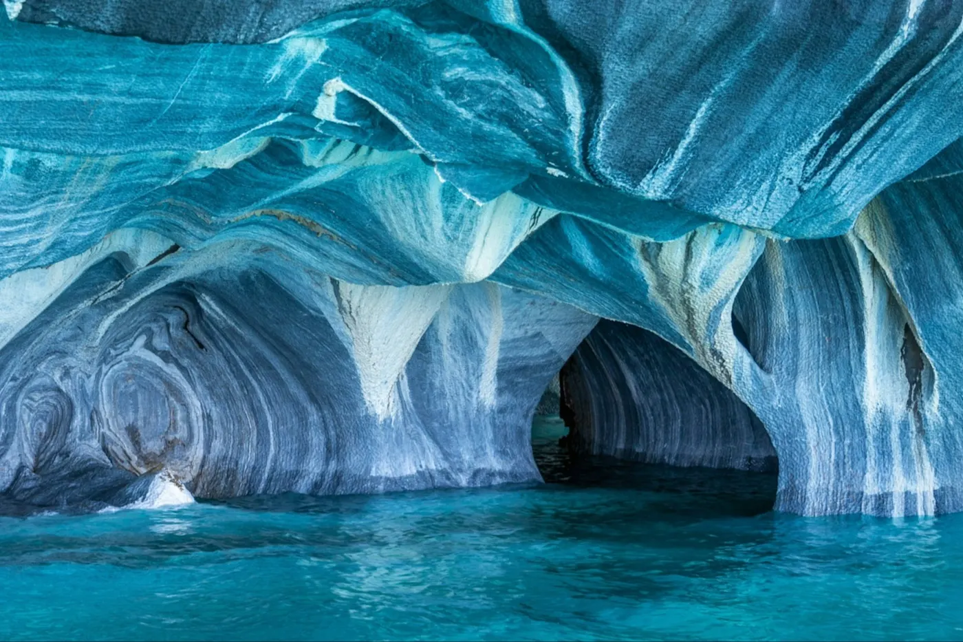 Impressive marble caves with shimmering blue water in the Marble Caves, Patagonia