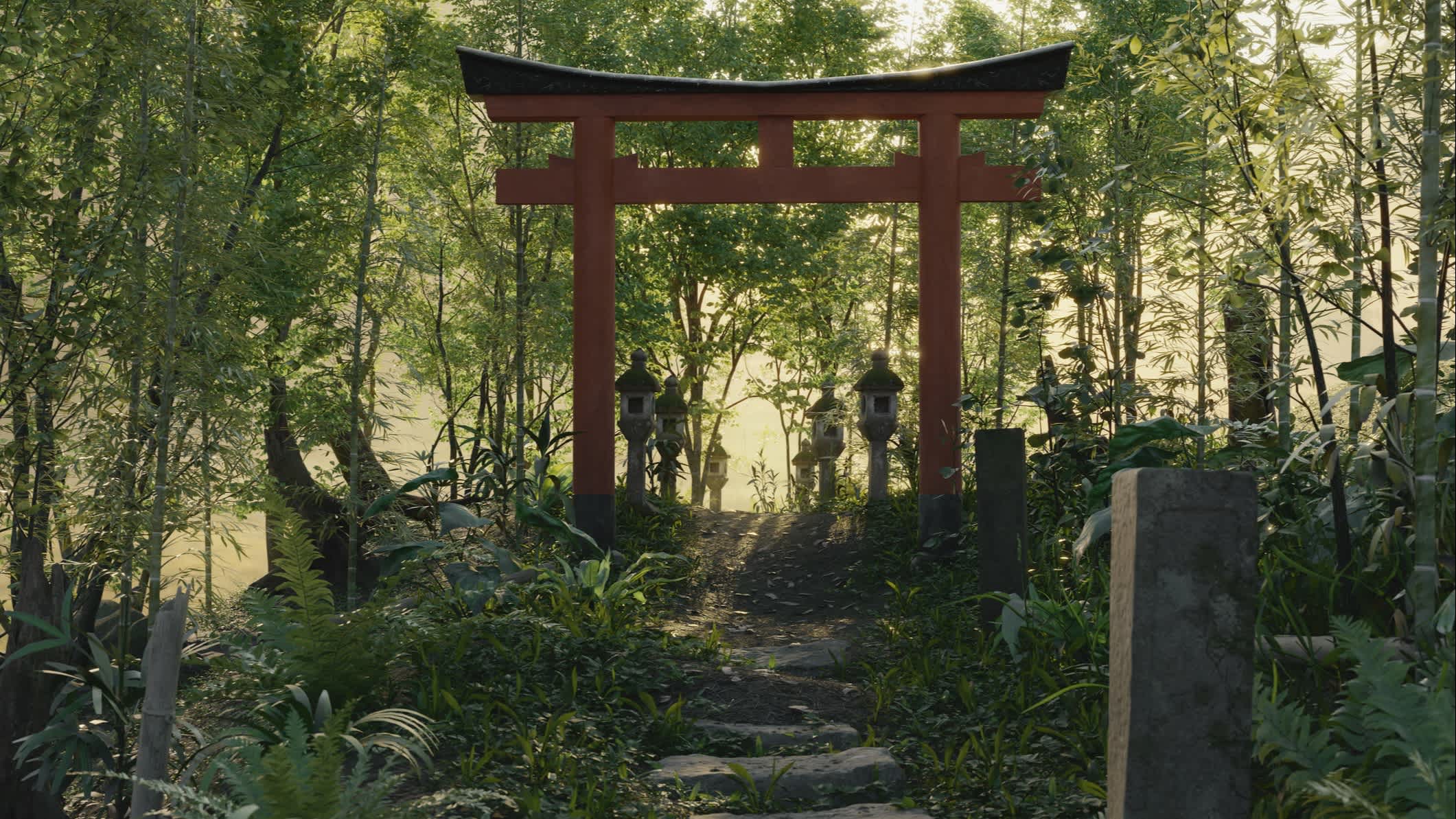 Chemin naturel devant la porte Torii dans une forêt dense, Japon