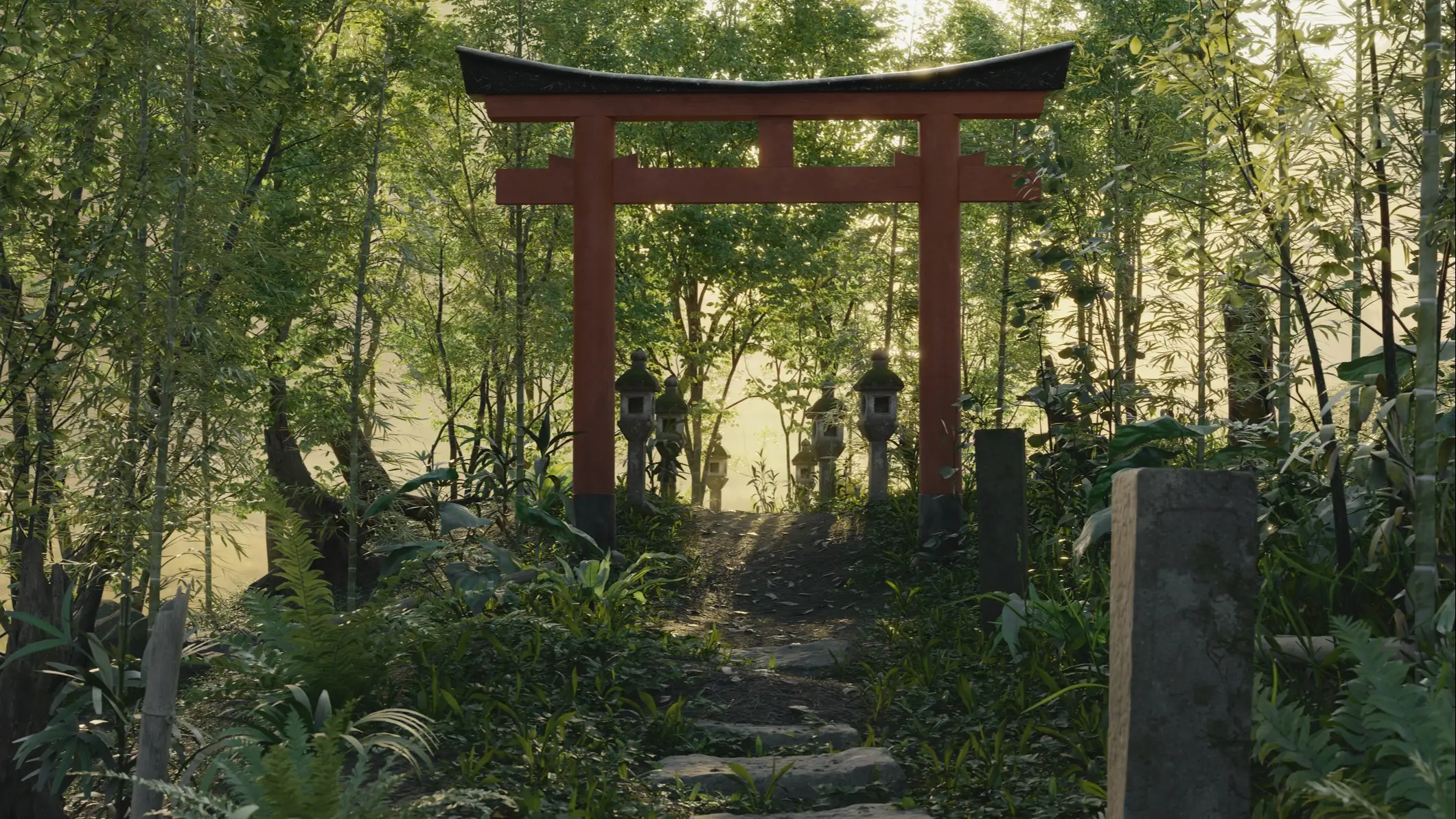 Itsukushima-Schrein auf Miyajima, Hiroshima, Japan Naturweges vor Torii-Tor im dichten Wald