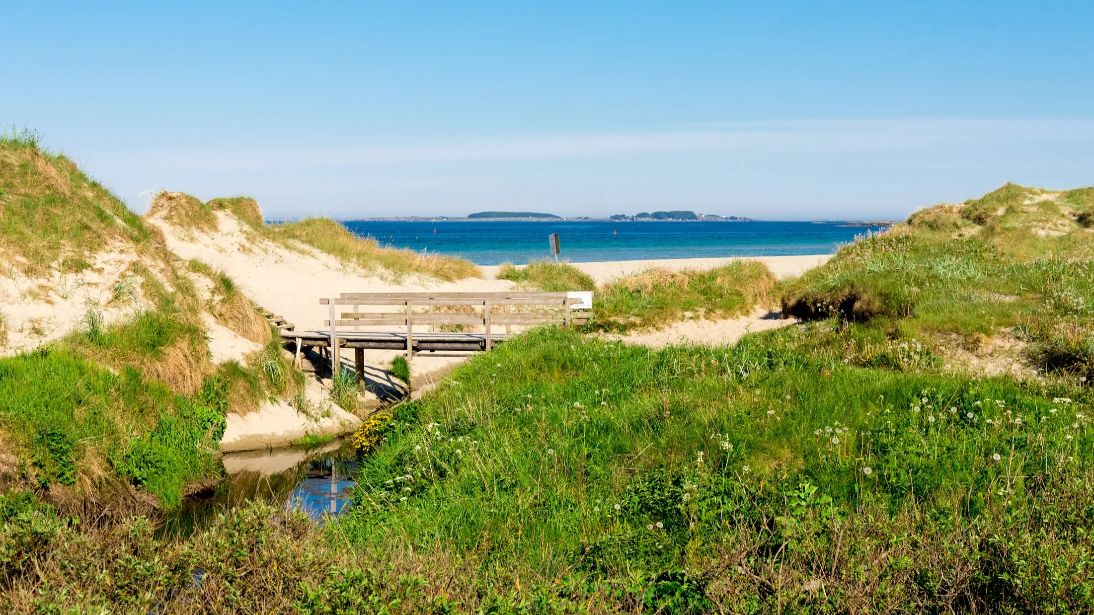 Norwegen, Strand von Sola Eine kleine Holzbrücke über einen schmalen Bach am Eingang zum Strand von Sola, Norwegen.