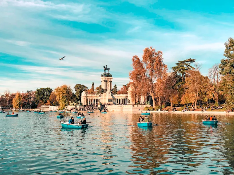 madrid Madrid, Spain - 8 of December, 2018: Tourists on a boats enjoying the day on a lake in Madrid Retiro Park