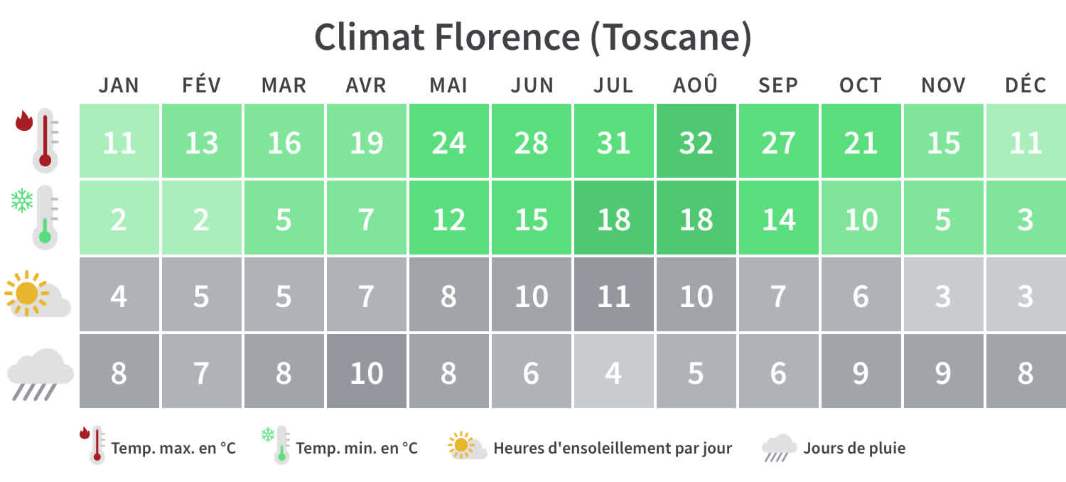 Aperçu mensuel des températures minimales et maximales, des jours de pluie et des heures d'ensoleillement à Florence.