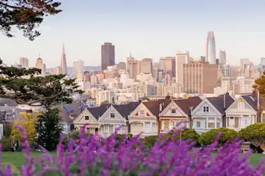 Photo nocturne aux couleurs pastel des Painted Ladies à San Francisco
