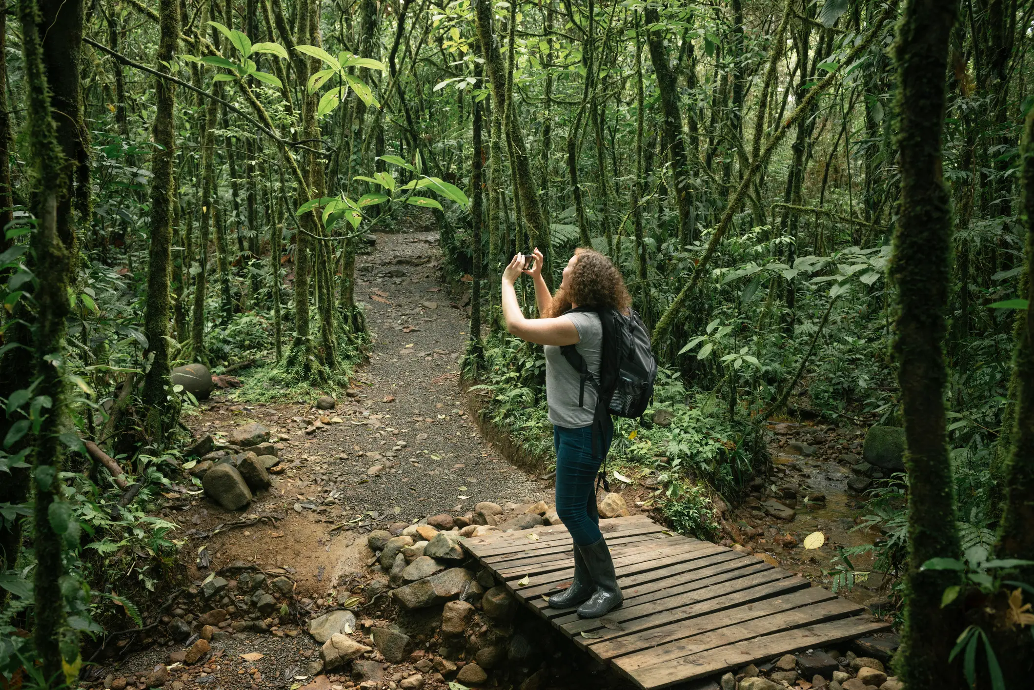 Costa Rica, randonnée Une femme prend des photos en randonnée dans la forêt tropicale du Costa Rica.