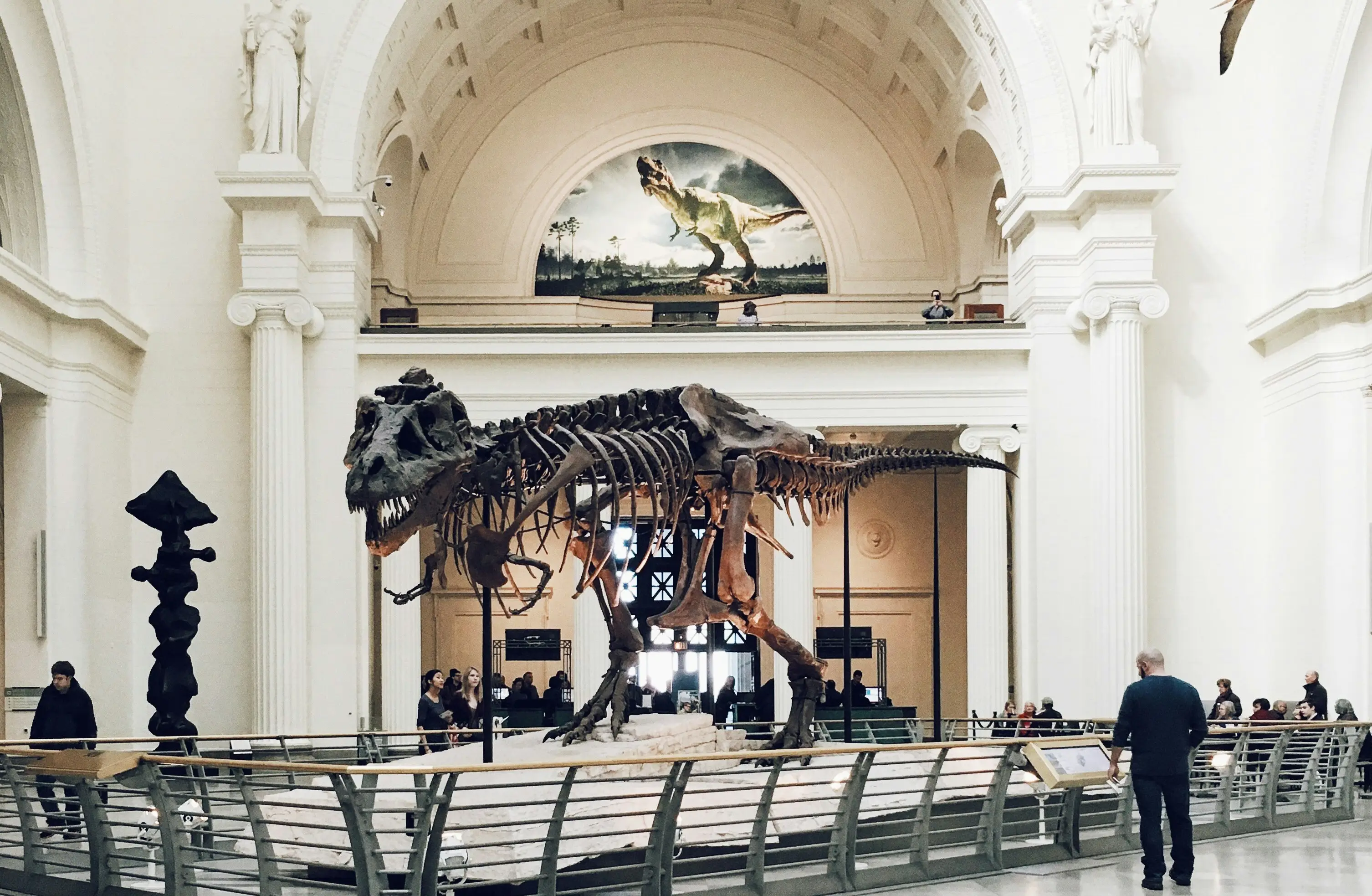 T-Rex skeleton display in a grand museum hall with white marble architecture and visitors viewing the exhibit.