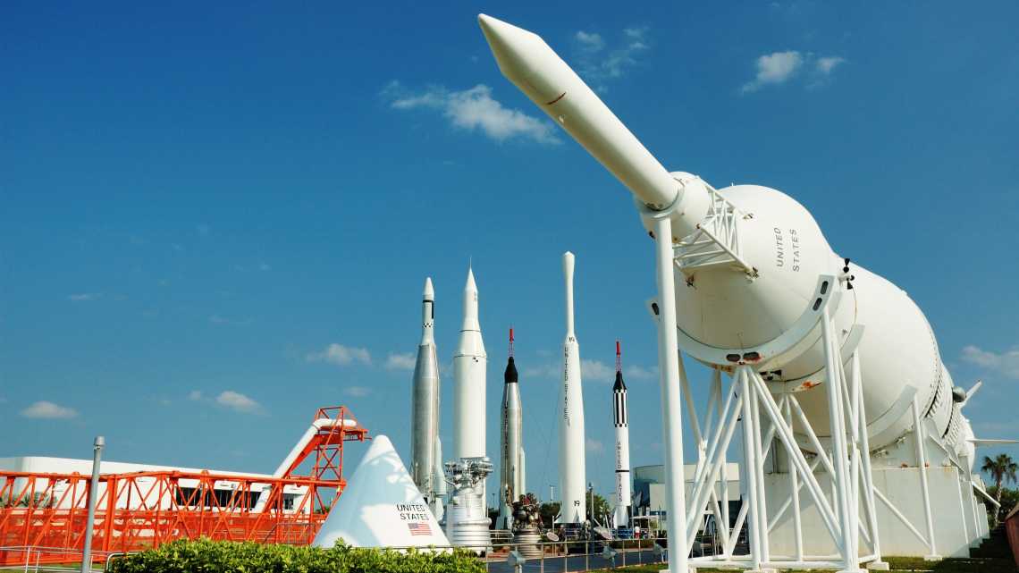 The Rocket Garden at Kennedy Space Center with the historic Saturn 1-B rocket in the foreground, USA, Florida