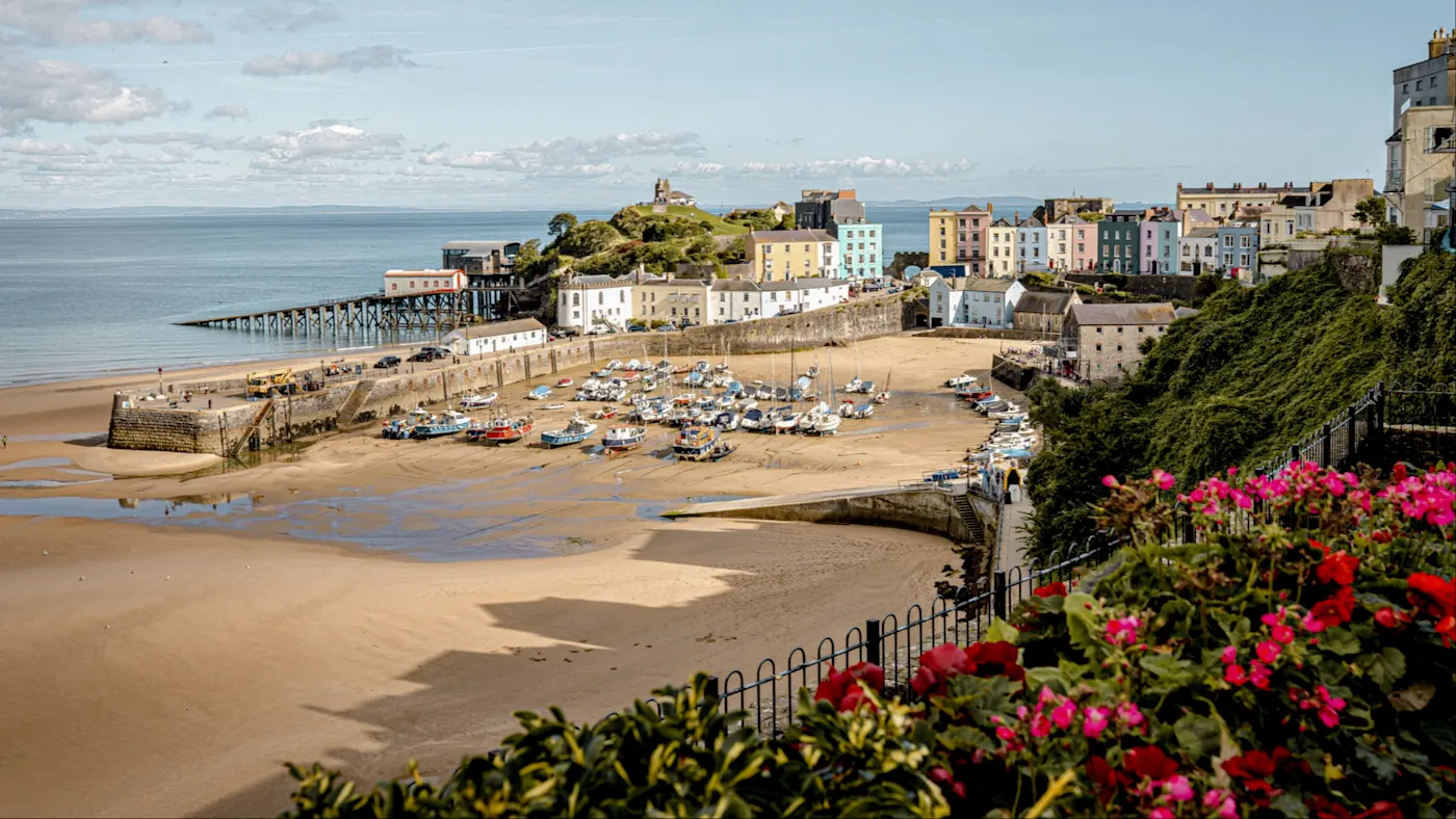Malebener Hafen mit bunten Häusern und Blumen im Vordergrund. Tenby, Pembrokeshire, Wales.
