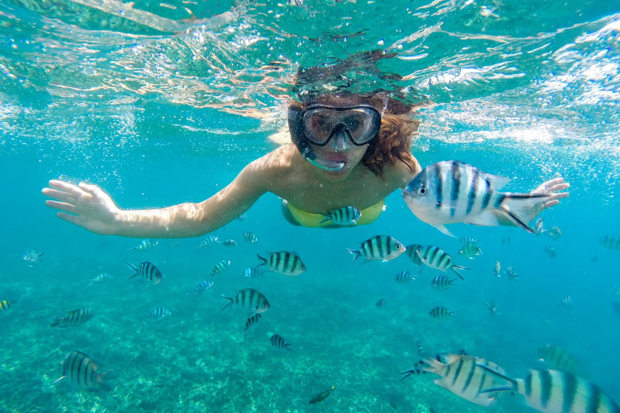 Junge Frau schnorchelt mit den Fischen im Meer von Malaysia

