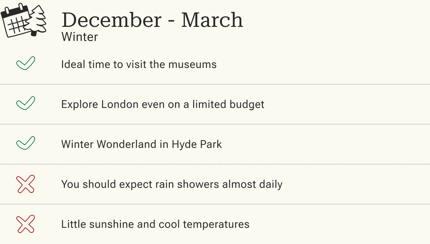 Best time to travel, London, Winter Pros and cons of traveling to London in winter.