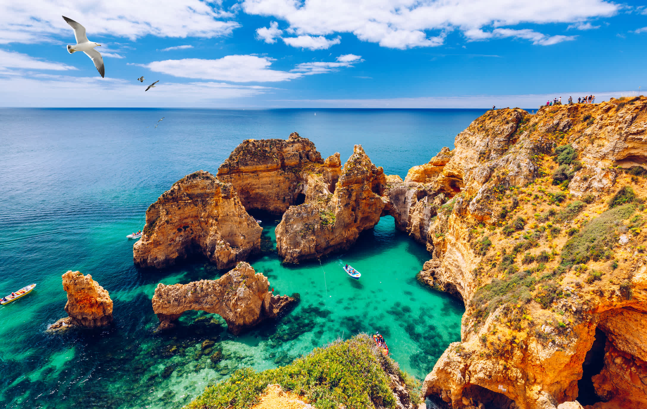 Panoramablick, Ponta da Piedade mit Möwen, die in der Nähe von Lagos in der Algarve, Portugal, über Felsen fliegen. Klippenfelsen, Möwen und Touristenboot auf Dem Meer in Ponta da Piedade, Algarve Region, Portugal.
