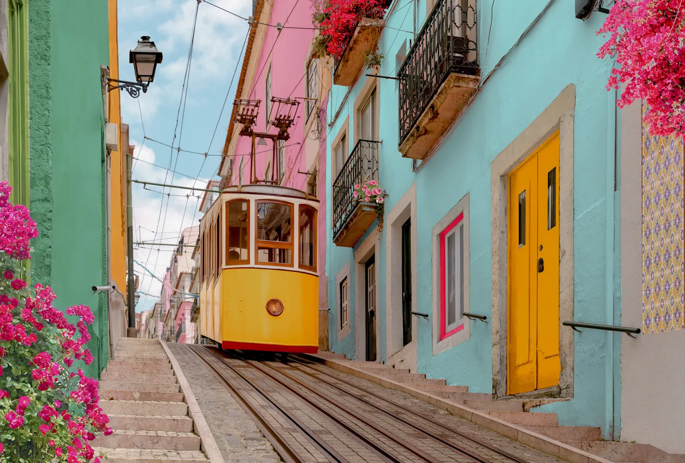 Typical yellow streetcar in Lisbon, Portugal.