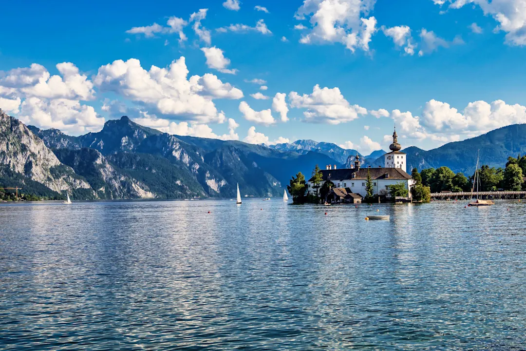 Lake Traunsee with Castle Ort or Orth at Gmunden in Salzkammergut, Austria 