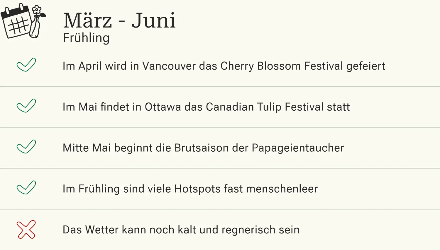 Kanada Reisen im Frühling Vor- und Nachteile einer Reise nach Kanada im Frühling (März bis Juni)