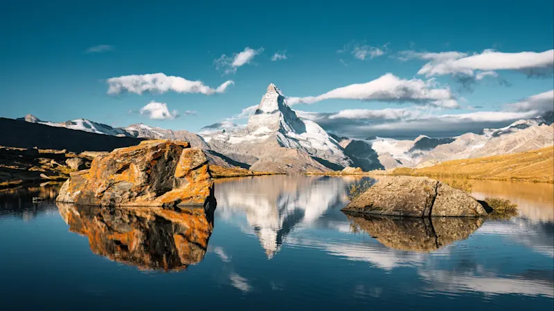 Matterhorn mountain reflected on Lake Stellisee in the morning at Zermatt, Switzerland