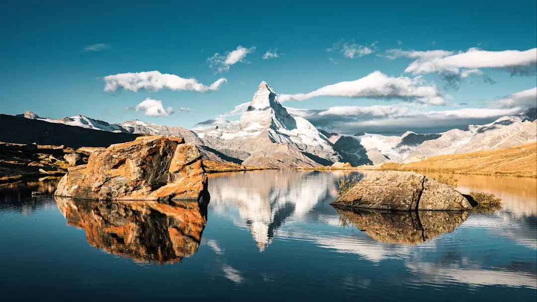 Matterhorn mountain reflected on Lake Stellisee in the morning at Zermatt, Switzerland