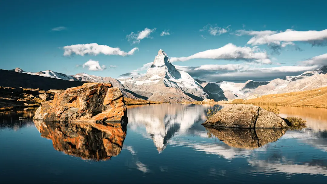 Matterhorn mountain reflected on Lake Stellisee in the morning at Zermatt, Switzerland
