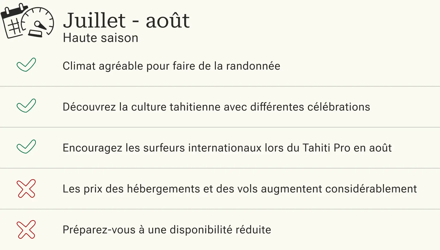 Avantages et inconvénients d'un voyage à Tahiti en haute saison.
