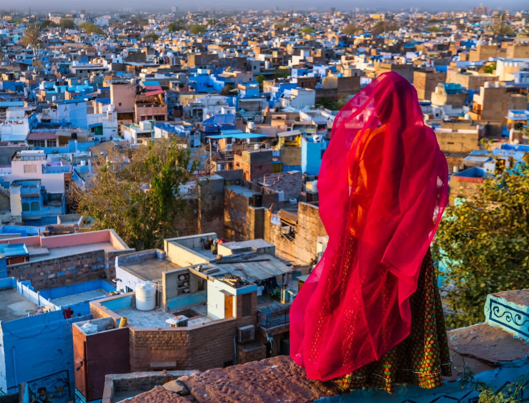 Femme indienne avec vue en sari de dos, avec vue sur la ville de Jodhpur, Inde