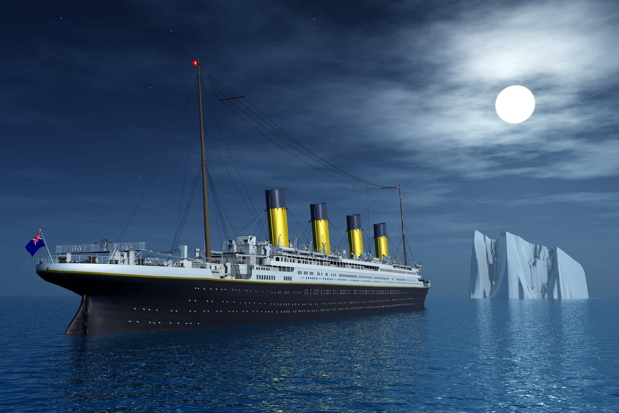 Computergenerierte 3D-Illustration mit der Titanic und einem Eisberg

