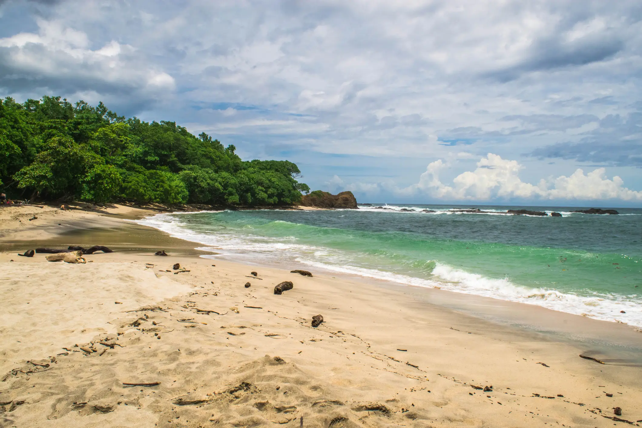 Costa Rica, Isla Chiquita Aussicht auf grüne Bäume an einem felsigen Strand gegen blaue Meereswellen, Isla Chiquita, Costa Rica.