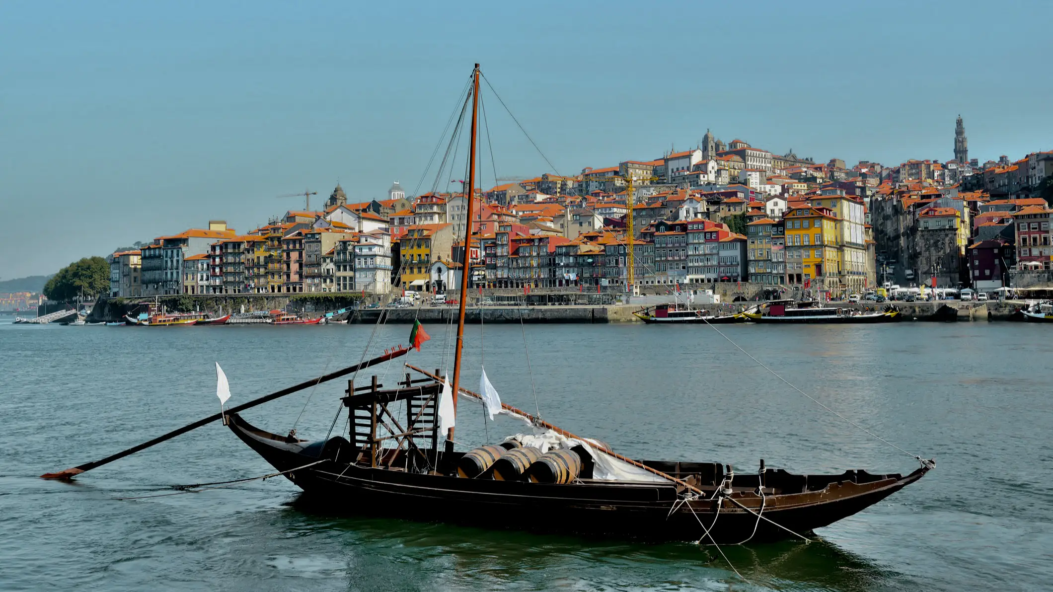 Portugal, Porto Porto city center with the Douro river and a traditional boat, Portugal