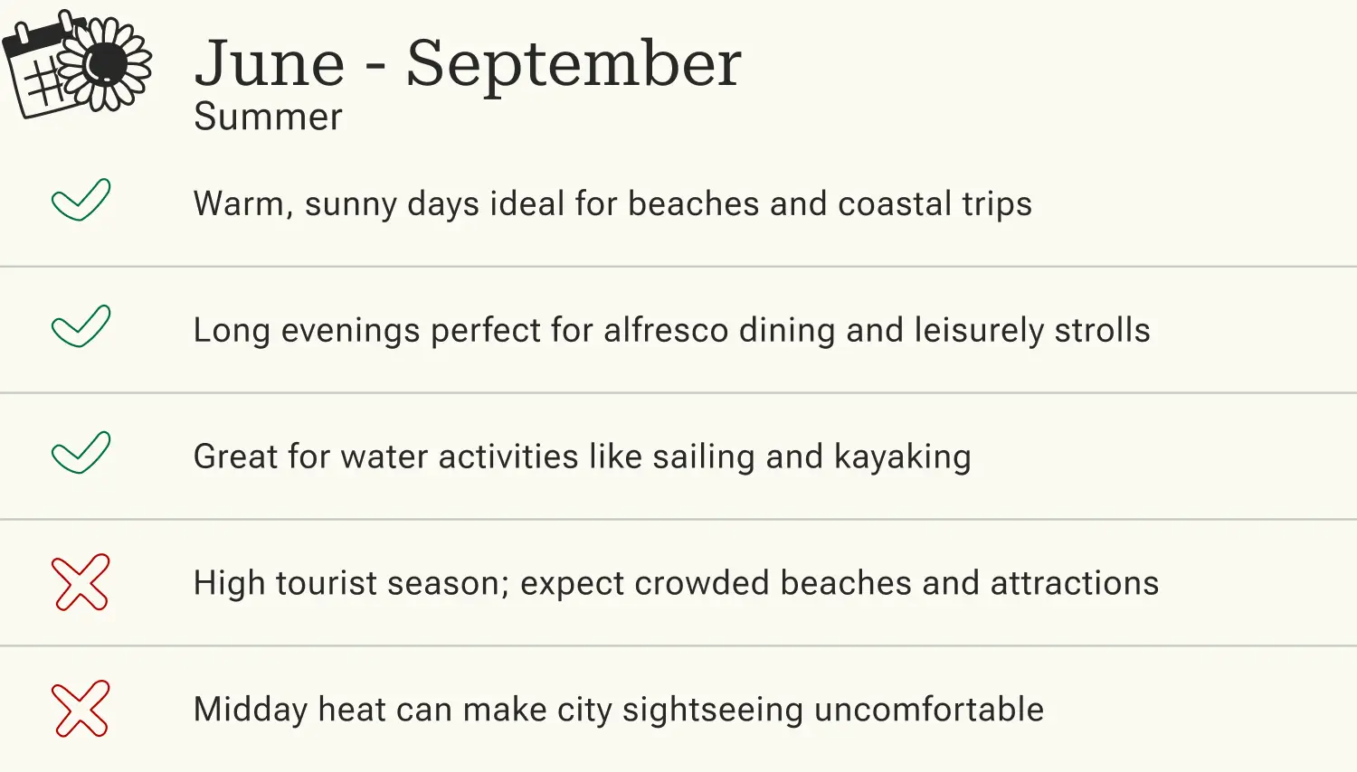 Summer travel overview June-September with advantages such as beach visits and water sports as well as disadvantages such as tourist crowds and heat.