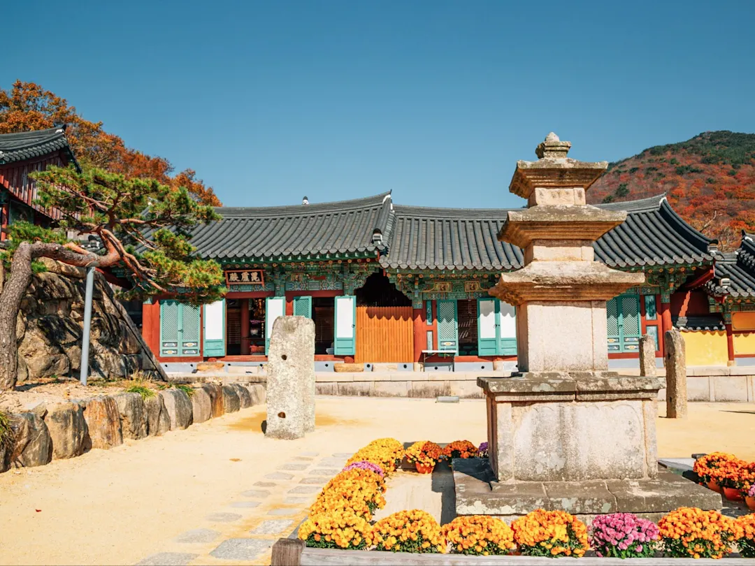 Der Beomeosa-Tempel in Südkorea, umgeben von grünen Wäldern und einer friedlichen Atmosphäre