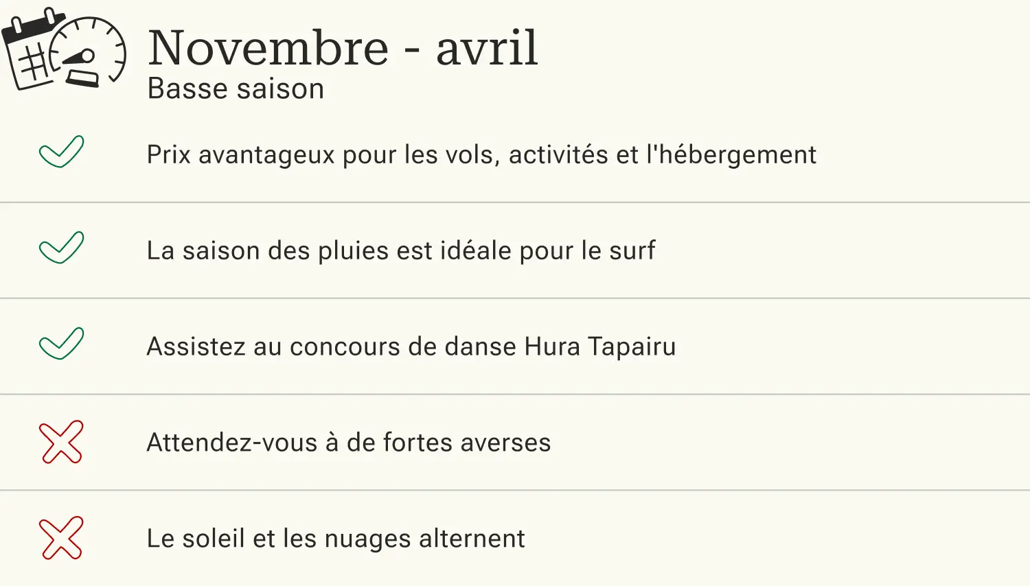Avantages et inconvénients d'un voyage à Tahiti en basse saison.