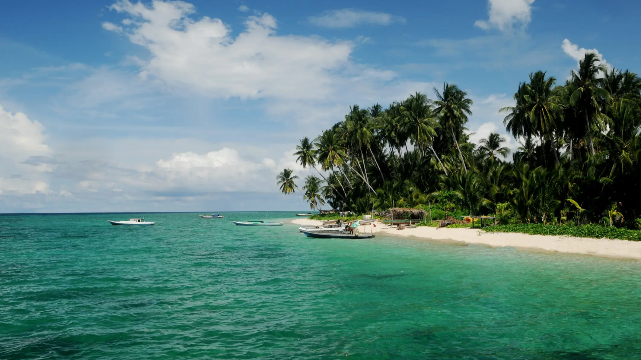 Indonesien, Derawan-Inseln Ein tropischer Strand mit Palmen und Booten im türkisfarbenen Wasser, Derawan-Inseln, Indonesien.