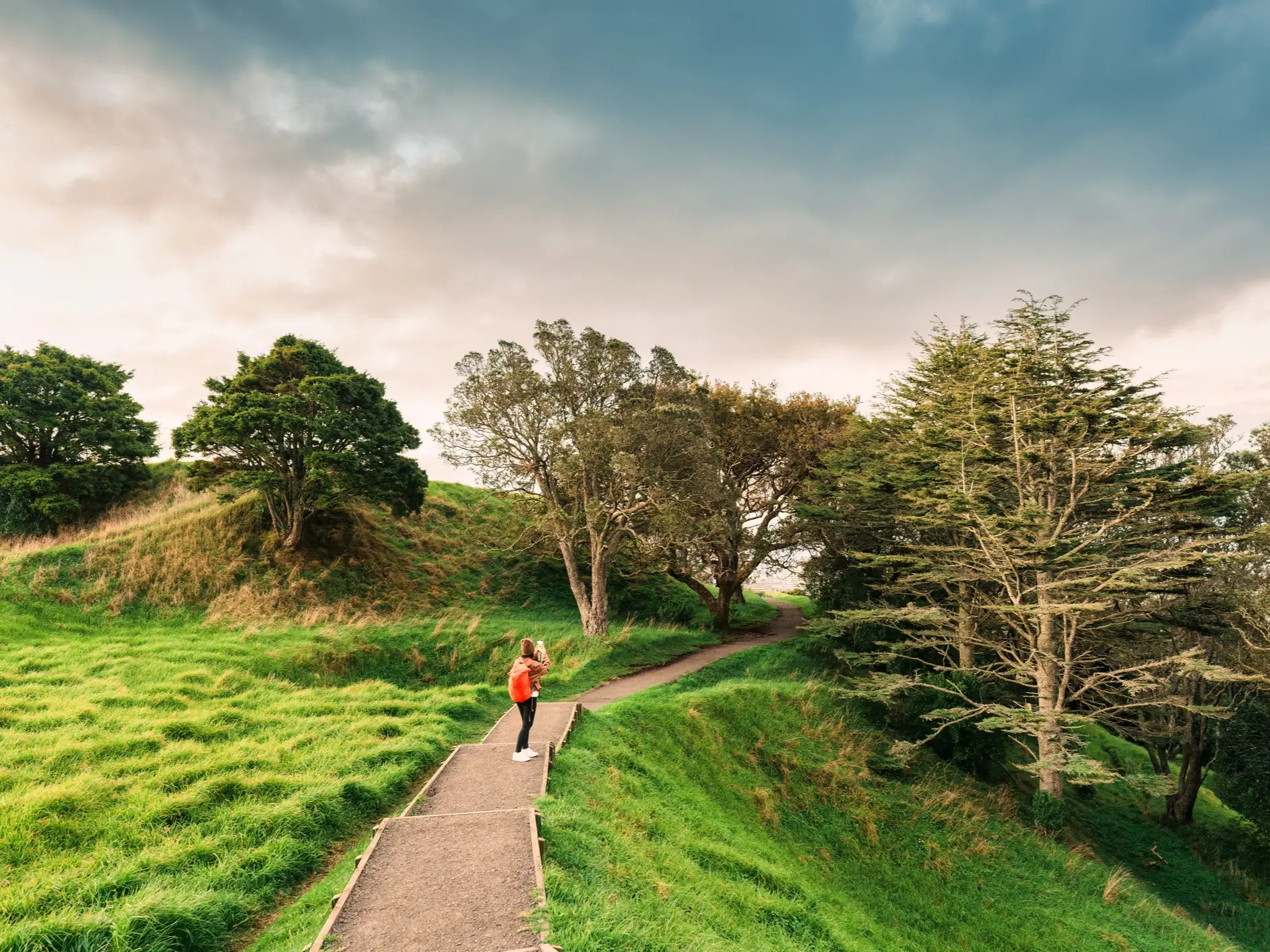 Chemin de randonnée à travers des collines vertes avec des arbres et une promeneuse sous un ciel nuageux, Auckland, Nouvelle-Zélande.