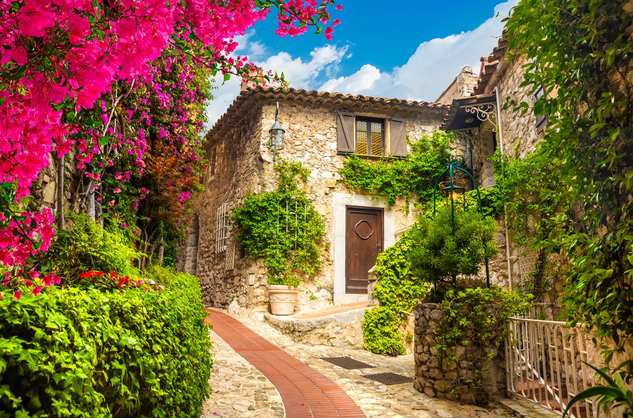 Charming stone cottage with wooden door surrounded by vibrant pink bougainvillea flowers and lush greenery under blue sky.