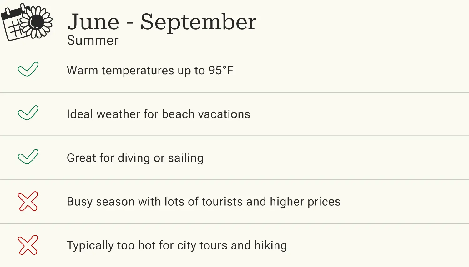 Advantages and disadvantages of traveling to Greece in summer (June to September).