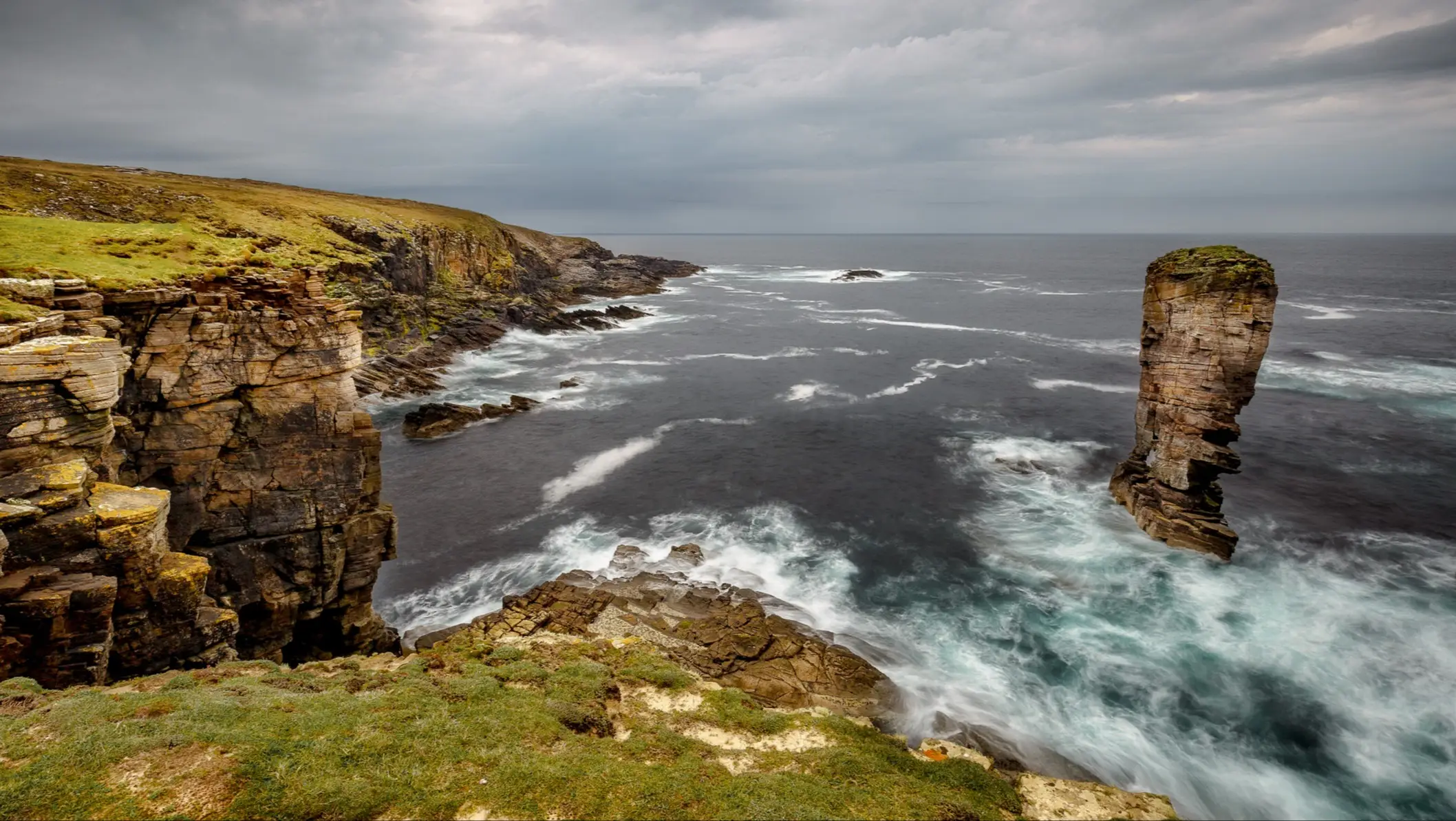 Scotland, Orkney, Mull Head Nature Reserve Panorama of Yesnaby cliffs on Orkney Islands, Scotland.