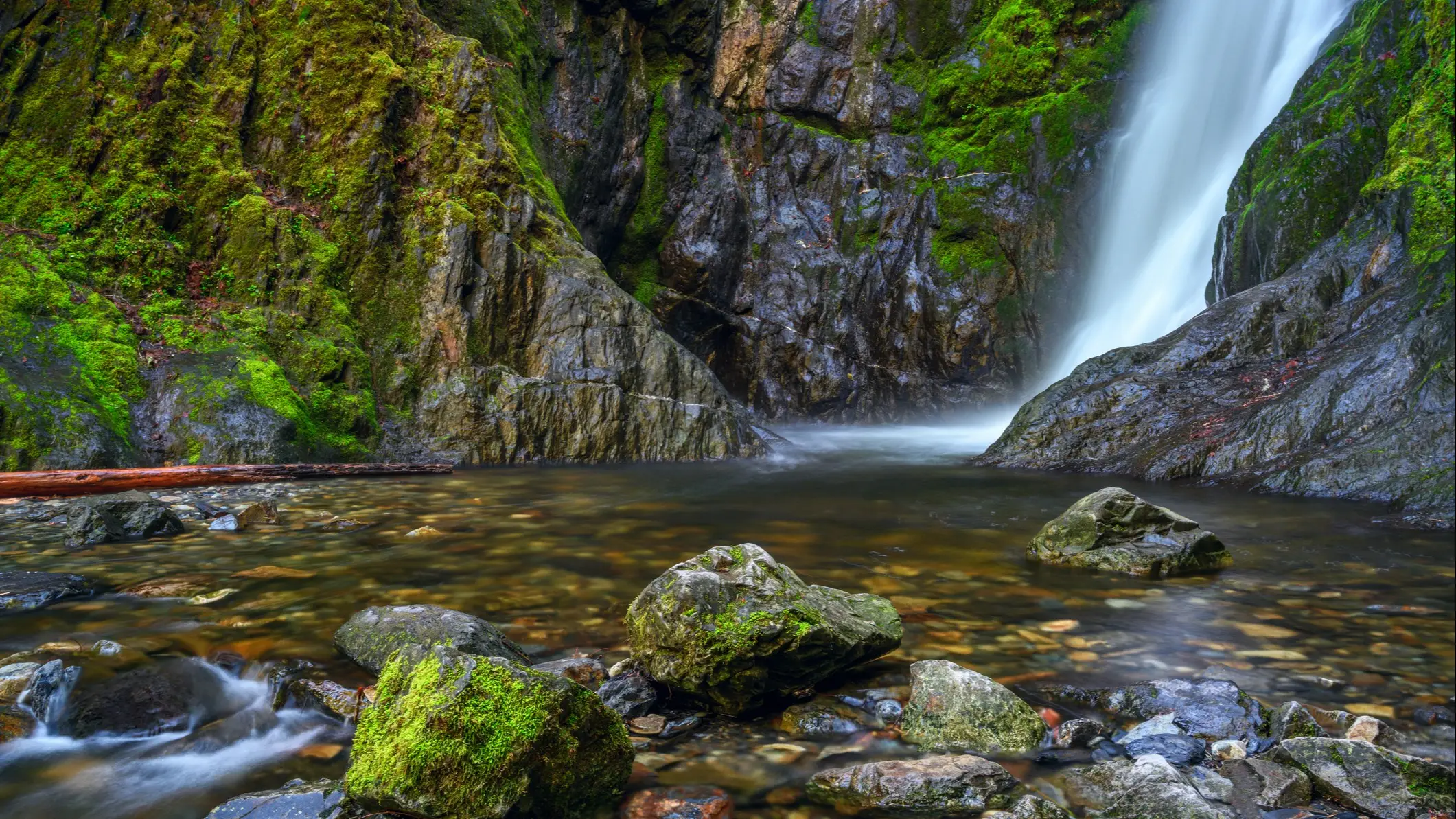 Parc provincial Goldstream, Colombie-Britannique, Canada Chute d'eau dans une gorge couverte de mousse avec une rivière claire, parc provincial Goldstream, Colombie-Britannique, Canada.