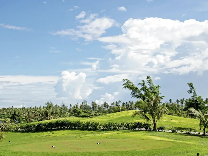 Terrain de golf avec palmiers et nuages. Afareaitu, Mo'orea, Polynésie française.